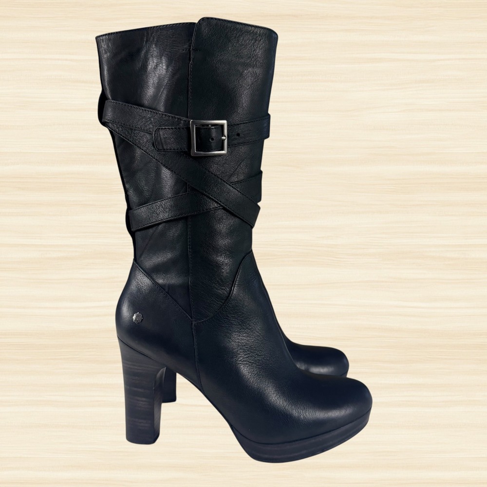 UGG Jardin Black Leather Moto Buckle Strap Mid Calf Heeled Boots Womens 9